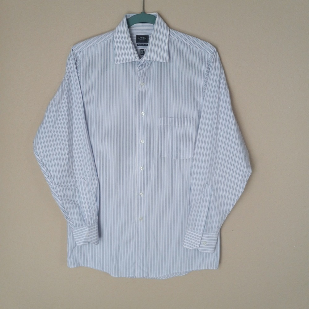 Arrow USA 1851 Mens Classic Fit Dress Shirt Blue White‎ Striped 14.5 32/33